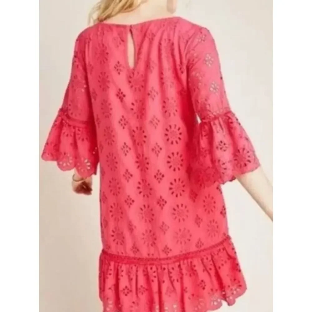 NWT SZ 4 Anthropologie Hot Pink Eyelet Ruffle Shift Dress